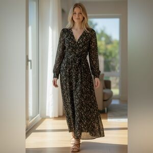 Inmod Black Floral Chiffon Maxi Dress Long Sleeve Tie Waist NWT Sz L